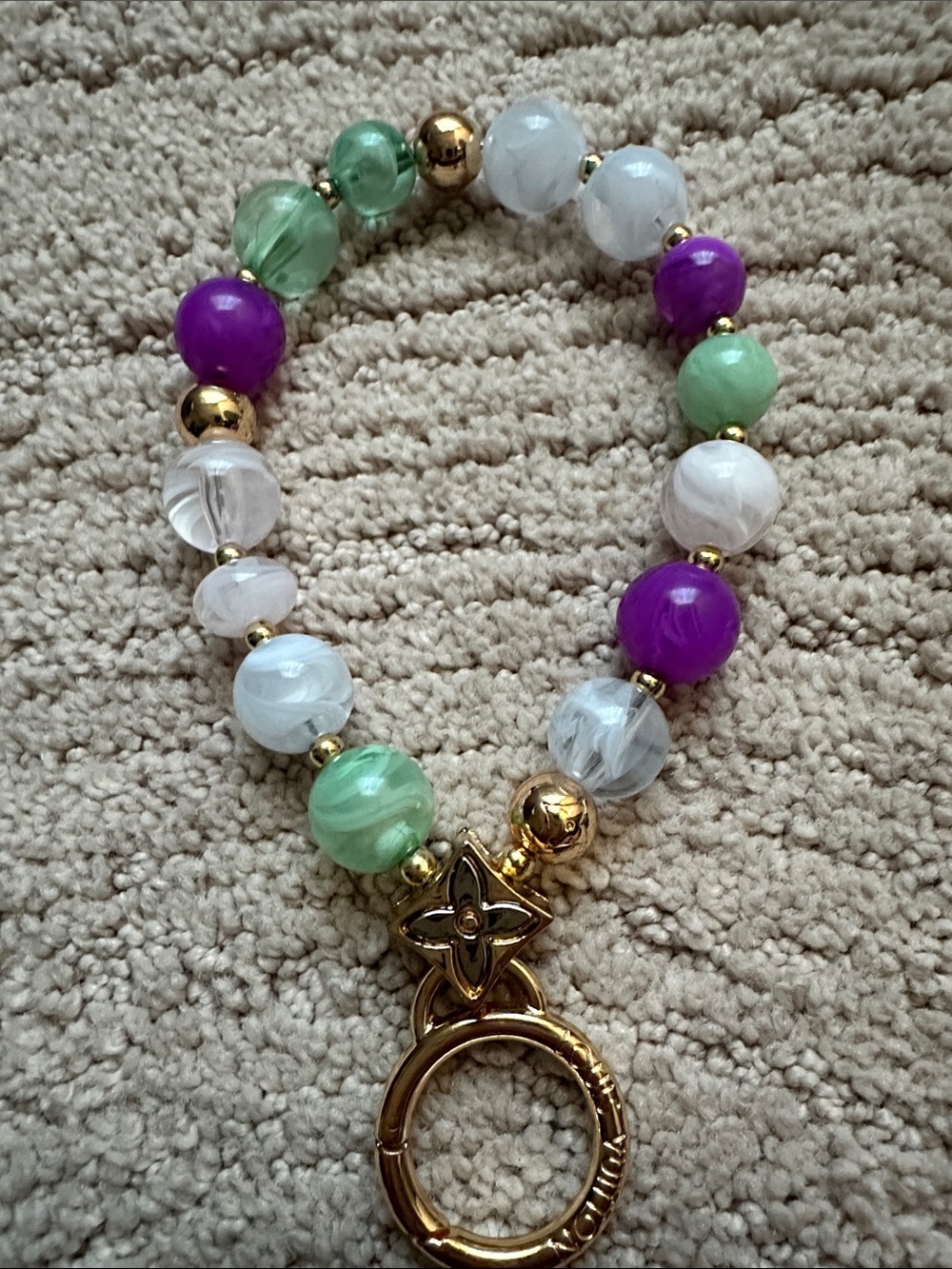 Gold-Accent Beaded Keychain Bracelet with Purple, Green and White Beads